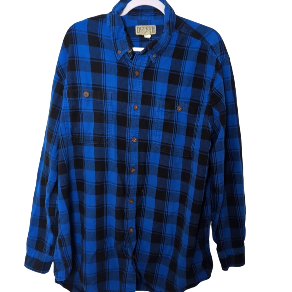 Duluth Trading Men's Blue Free Swingin' Flannel Plaid Relaxed Fit Shirt XL Tall